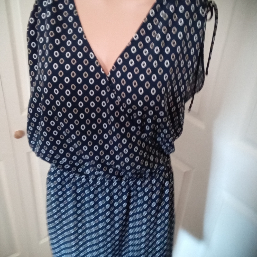 Banana Republic Size M Navy Blue & Cream Polka Dot Sleeveless Midi Dress